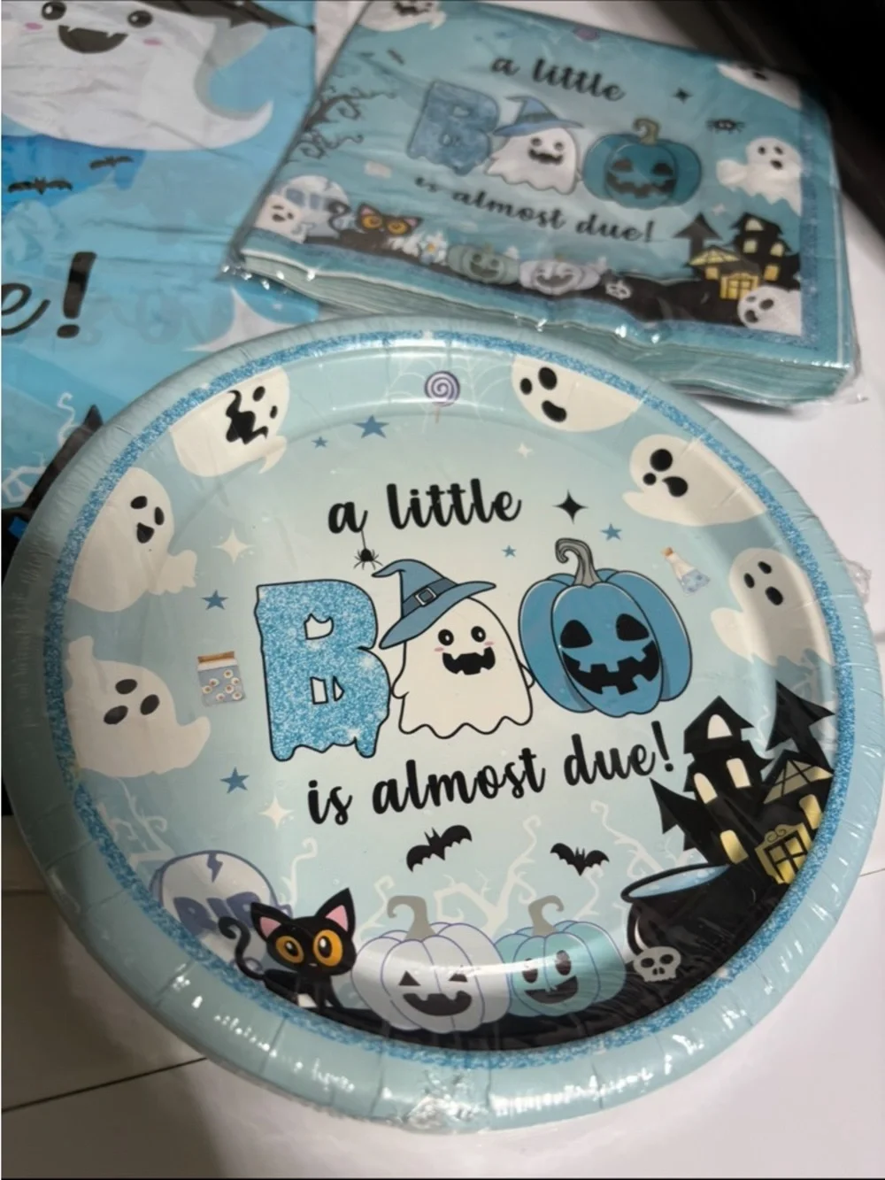 Blue 'A Little Boo Is Almost Due' Halloween Baby Shower Party Set